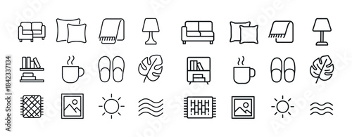 Minimalist home decor icons: sofa, pillow, blanket, lamp, books,