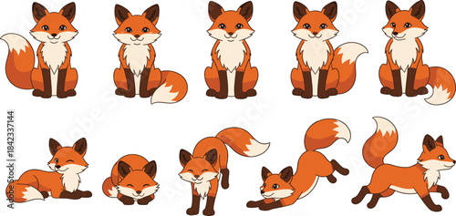 Cute Fox Cartoon Vector Set: Adorable Forest Animal Poses and Characters