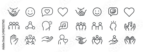 Set of communication and relationship icons: handshake, heart, m