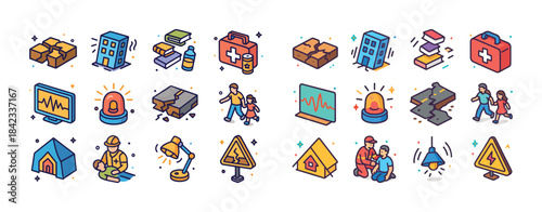 Disaster preparedness icons: emergency, safety, home, family, al