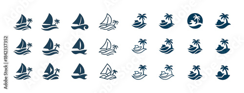 Variety of nautical icons featuring sailboats and palm trees