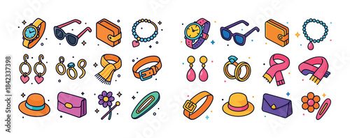 Colorful fashion accessories collection with watches, sunglasses