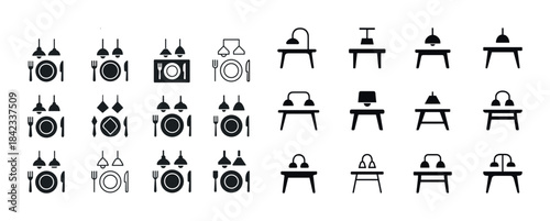 Dining table icon set with variations in arrangement and style