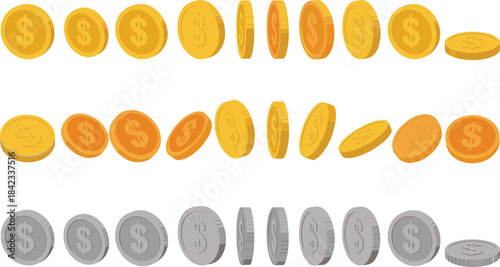 3D coin sprite sheet showing rotating gold and silver money icons, game asset for animation, currency symbols, digital economy graphics