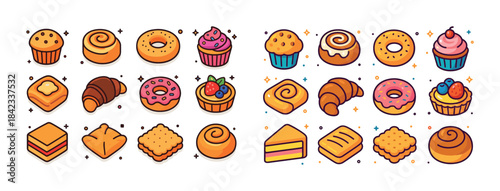 Colorful assorted pastries and desserts in cute cartoon style