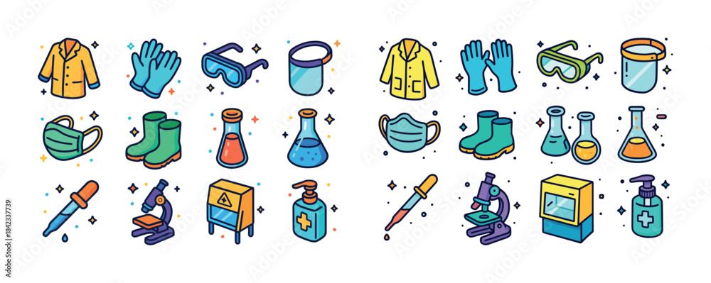Fototapeta premium Colorful laboratory equipment icons: masks, goggles, gloves, mic