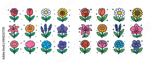 Colorful array of cartoon flowers displaying variety and charm