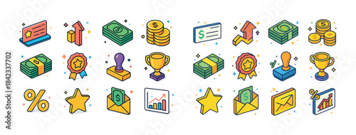Colorful financial and business icons set with trophy, money, an