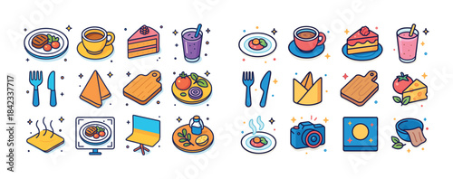 Colorful food icons with cutlery, beverage, desserts, flags, and