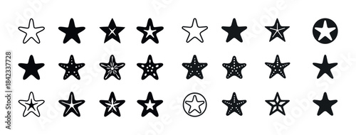 Variety of star icon designs in black and white
