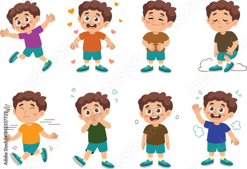 Cartoon boy showing various emotions and actions happy playful shy excited running greeting cute kids character illustration set