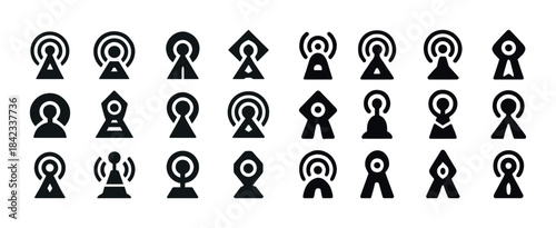 Set of minimalist radio tower icons in black and white