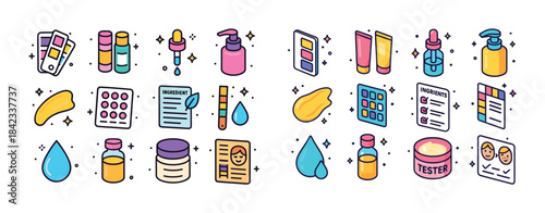 Colorful skincare and cosmetics collection with serums, creams,