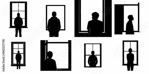 Set of eight black silhouettes showing a solitary man standing and looking through various windows, symbolizing contemplation, isolation, and waiting.