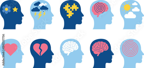 Mental Health and Brain Condition Icons: Psychology, Emotion, and Wellness Vector Set