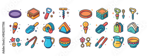 Colorful kitchen and dining icons collection in cartoon style