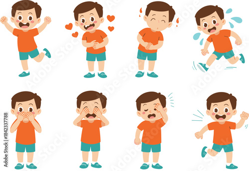 Cartoon boy showing various emotions and actions happy playful shy excited running greeting cute kids character illustration set