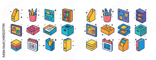 Colorful office supplies and stationery icons featuring folders,