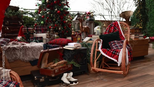 Festive Christmas decoration of the terrace or balcony of the house. Decorated Xmas tree with gifts, lantern and rattan rocking armchair at the house porch. Outdoor veranda decorated to winter holiday