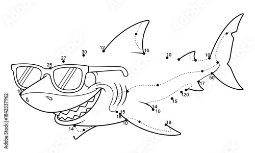 Fun and cool cartoon shark wearing sunglasses connect the dots activity for kids educational learning game