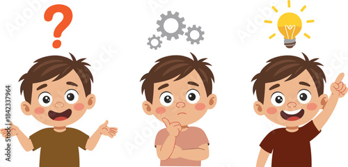 Cartoon boy thinking confused problem solving and having idea concept illustration showing question thinking process and solution for education