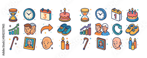 Aging milestones: time, growth, and maturity symbols in colorful
