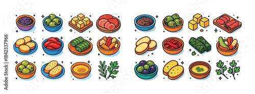 Illustrated assorted appetizers with olives, cheese, and vegetab