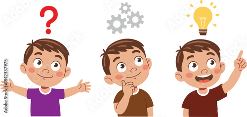 Cartoon boy thinking confused problem solving and having idea concept illustration showing question thinking process and solution for education