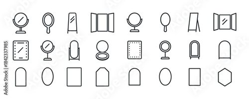 Collection of various mirror icons in minimalist line art style