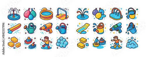 Colorful water play icons: pools, water guns, and slides