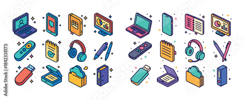 Colorful isometric office icons featuring tech devices and stati