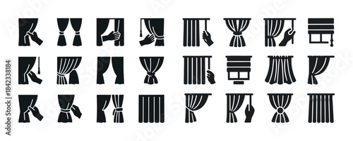 Set of curtain and blinds icons depicting various styles and ope