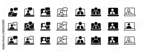 Set of video call icons with communication symbols for digital i