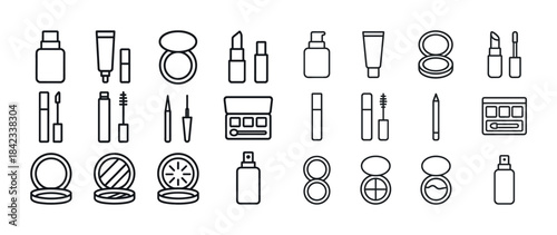 Minimalist icon set of cosmetic products: lipstick, eyeliner, ma