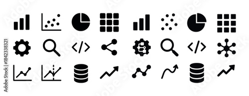 Collection of data analysis and technology icons in black and wh