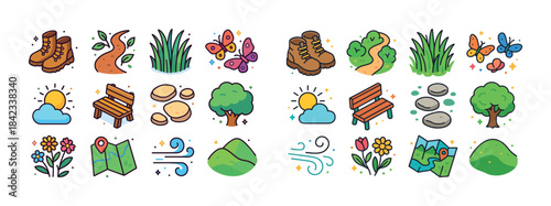 Colorful outdoor icons collection featuring nature elements and