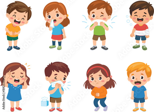 Cartoon children showing illness symptoms including fever cough cold sneezing stomach ache headache injury healthcare illustration set for kids education