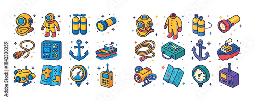 Nautical adventure: diving gear, navigation tools, and marine ic
