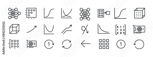 Data science and machine learning icons set: neural networks, gr
