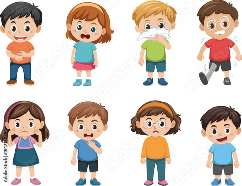 Cartoon children showing illness symptoms including fever cough cold sneezing stomach ache headache injury healthcare illustration set for kids education