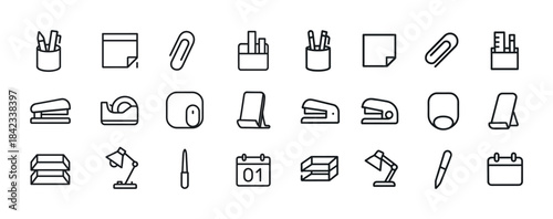 Minimalist office supplies icons set: stationery essentials in s