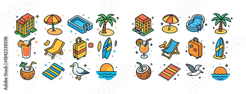 Colorful summer vacation icons: beach, pool, and relaxation elem