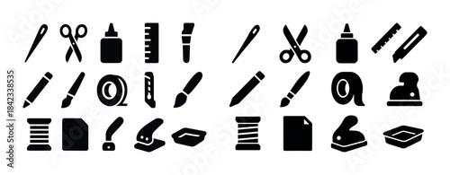 Black and white craft icons featuring scissors, glue, paintbrush