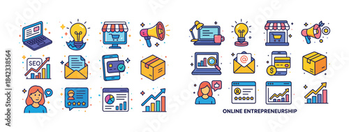 Colorful icons representing online entrepreneurship and digital