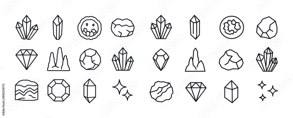 Fototapeta premium Collection of simple black and white crystal and gemstone outlin