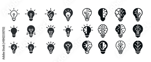 Creative light bulb icons featuring brain motifs and innovation