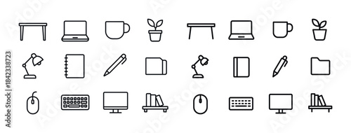 Office essentials: desk, laptop, mug, plant icons in minimal lin