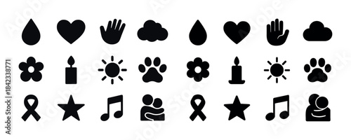 Variety of black symbol icons: heart, cloud, music, ribbon, paw,