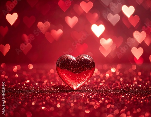Close-up of a sparkling red heart with bokeh hearts on a glittery background