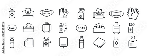 Essential hygiene and safety icons set: sanitizer, mask, soap, t